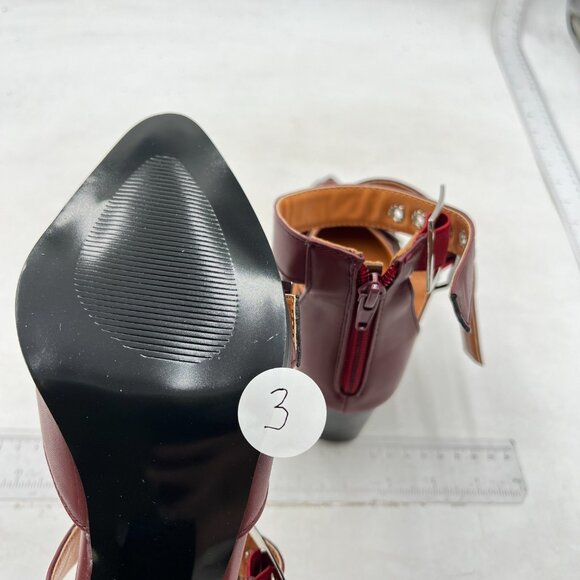 FSJ Wine Pointed Toe Metal Buckle Hollow Out Strappy Thick Wedge Heel Pumps - Picture 5 of 7